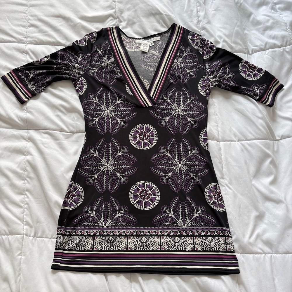 Vintage Max Studio Tunic Top Womens Small Purple‎ Black Floral Y2K Fairy Whimsy
